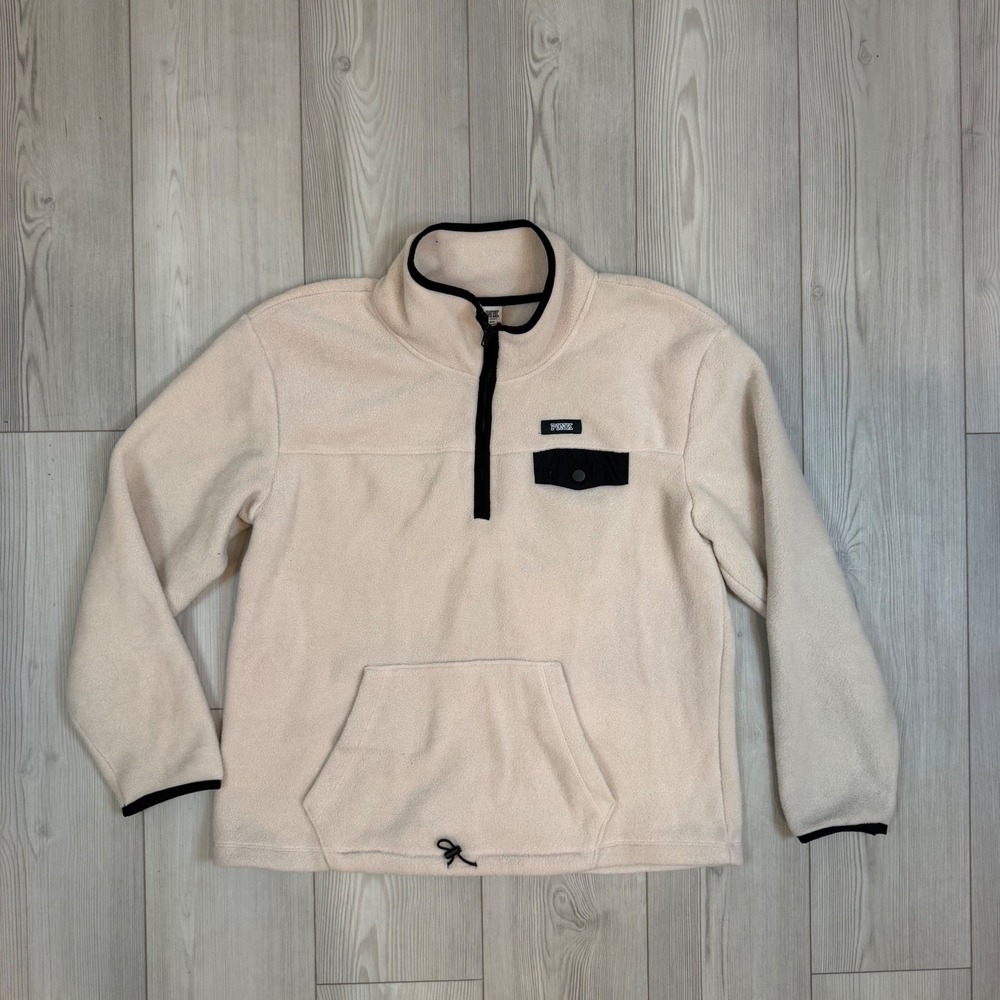 Pink Victoria's Secret Quarter Zip Fleece Pullover Cream Beige Black Trim Large